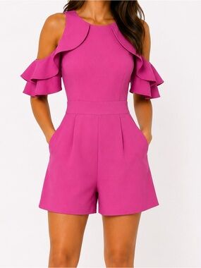 Francesca’s Collection Miami Pink Cold Shoulder Ruffle Romper Size Small